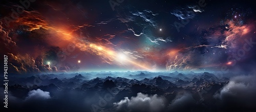 Artistic landscape with a vibrant sky, mountains, and a galaxy in the background