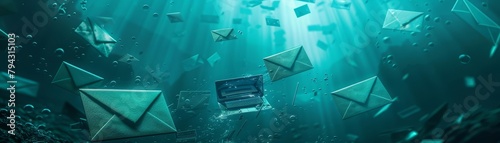 A computer drowning in a sea of email icons, visualizing the relentless tide of spam