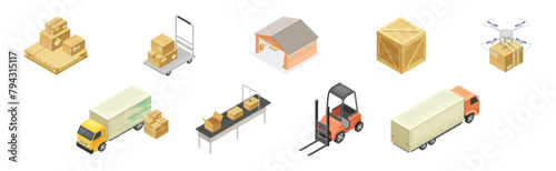 Warehouse and Storehouse with Cardboard Box Isometric Vector Set
