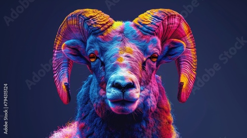 The mountain sheep on a dark blue background is an abstract, colorful, neon portrait influenced by pop art. photo