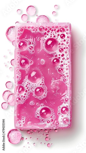 A bar of pink soap with bubbles and foam on a white background. Isolated pink bar of soap with soap bubbles that suggests a feeling of cleanliness. © Vagner Castro
