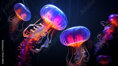 Capture a hyper-realistic, close-up view of a bioluminescent jellyfish ballet, radiating neon colors against a dark abyss, evoking mystical underwater movement © Starkreal