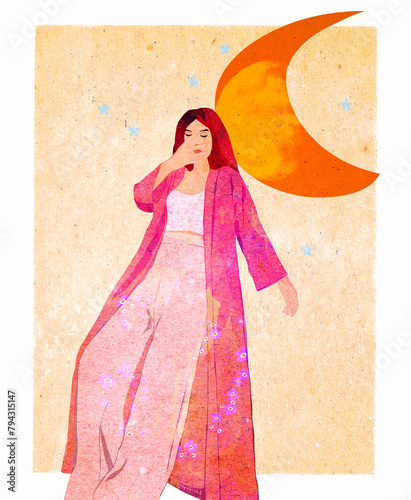 Ilustracja młoda kobieta w długim płaszczu oparta o księżyc. © Monika