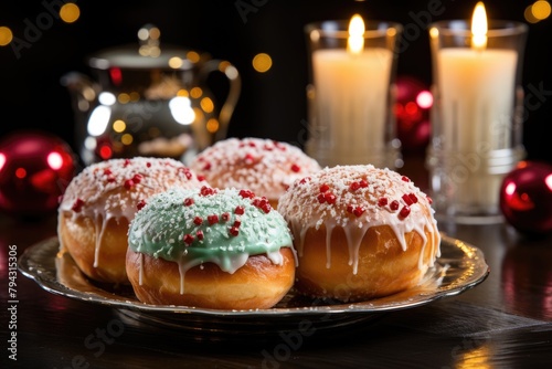 Festive table with decorated Christmas donuts., generative IA