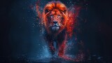 In the style of pop art, this is a colorful abstract portrait of a lion walking forward on a dark blue background.