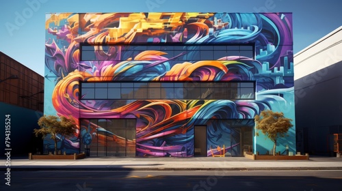 Create a dynamic urban street art mural blending cosmic elements with gritty cityscape details, showcasing a vibrant clash of colors and textures