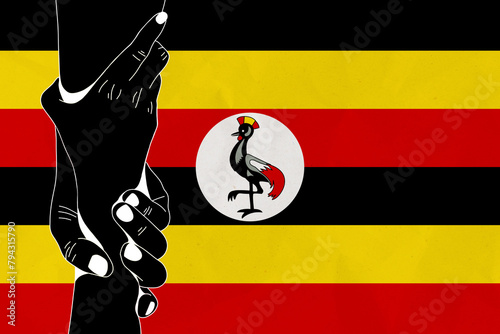 Helping hand against the Uganda flag. The concept of support. Two hands taking each other. A helping hand for those injured in the fighting, lend a hand
