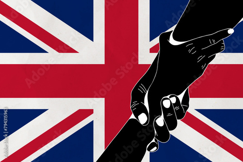 Helping hand against the United Kingdom flag. The concept of support. Two hands taking each other. A helping hand for those injured in the fighting, lend a hand