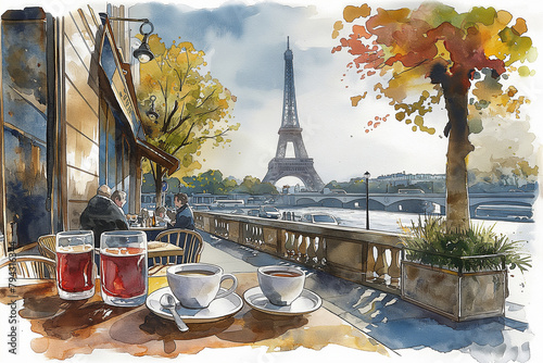 Break time outside in parisian cafeteria with coffee and juice with Eiffel Tower view. Watercolour illustration. Travel concept