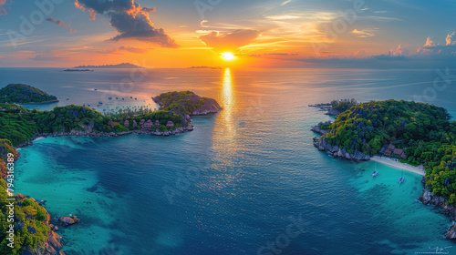  Aerial view of the beautiful sunset over an island in El Nido, Philippines with lush greenery and crystal clear waters. Created with Ai photo