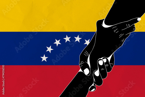 Helping hand against the Venezuela flag. The concept of support. Two hands taking each other. A helping hand for those injured in the fighting, lend a hand