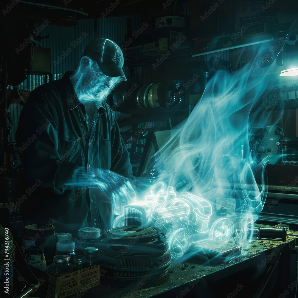 A ghostly mechanic haunted the garage late at night, his translucent hands expertly tuning ghost cars that ran silently on spirit energy A ghostly mechanic haunted the garage late at night, his translucent hands expertly tuning ghost cars that ran silently on spirit energy