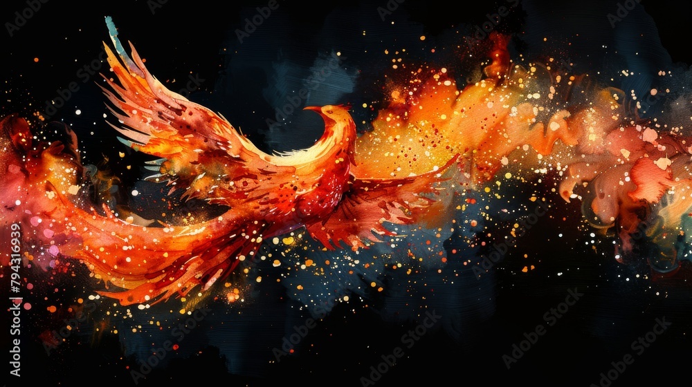 This is a color, graphic, digital drawing of the phoenix bird with a black background. It is in watercolor style using modern graphics. There are separate layers included in the file. - obrazy, fototapety, plakaty 