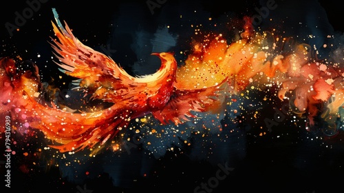 This is a color, graphic, digital drawing of the phoenix bird with a black background. It is in watercolor style using modern graphics. There are separate layers included in the file.