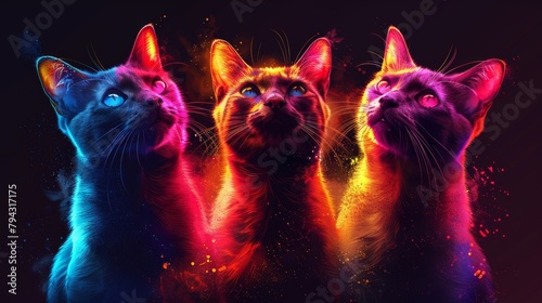 The background is a separate layer and features a colorful, neon portrait of three curious cats. Wall sticker. Abstract, multicolored, neon portrait of three curious cats in the style of pop art on a