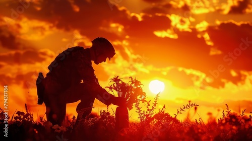 A lone soldier, silhouetted against a fiery orange sunset, placed a bouquet of lilies on a grave, a silent gesture of remembrance on Memorial Day