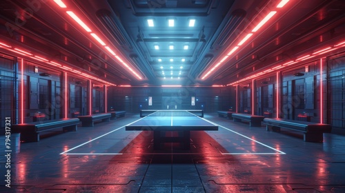 Futuristic vector illustration of a ping-pong arena, with advanced technology and sleek design elements. Dynamic angles and futuristic lighting effects add a sense of innovation to the scene.  photo