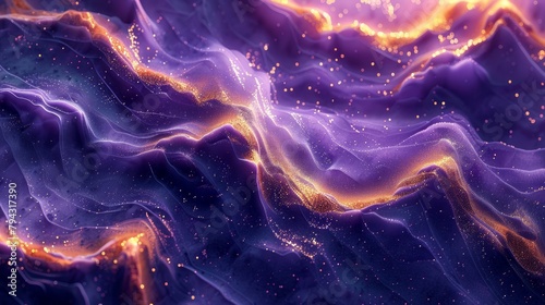   A digital image of a mountain range under a purple sky adorned with golden stars ..Mountain range depicted in a computer-generated image, featuring photo