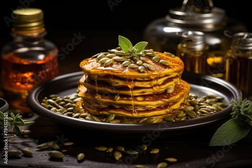 Pumpkin pancakes with seeds, covered with syrup., generative IA