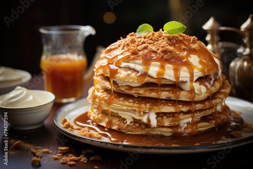 Apple pancakes with caramel syrup. Delicious!, generative IA