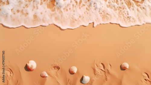 Arial view of a sandy beach with shells on the left. Flat top summer concept background with lots of negative space for copy space.