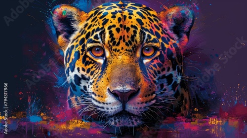 An abstract, multi-colored portrait of a Jaguar looking forward.