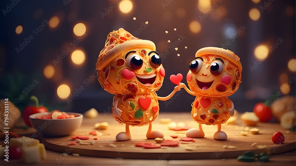 Adorable picture of the happy and in love pizza figure. An abstract image of a romantic meal. Concept of Food Character using Generative AI.