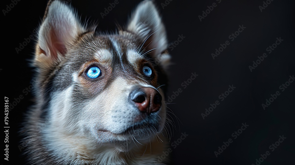 Siberian Husky with brown furs and blue eyes on a black background, in color