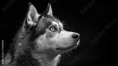 The image is a black and white graphic portrait of a Siberian Husky. © Diana
