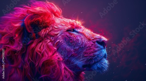 Pop-art style abstract portrait of a lion's head in multi-colored abstract coloration on a purple background. photo