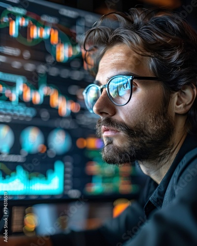 Stock trading investor, trader or broker analyst working analysing exchange market using computer