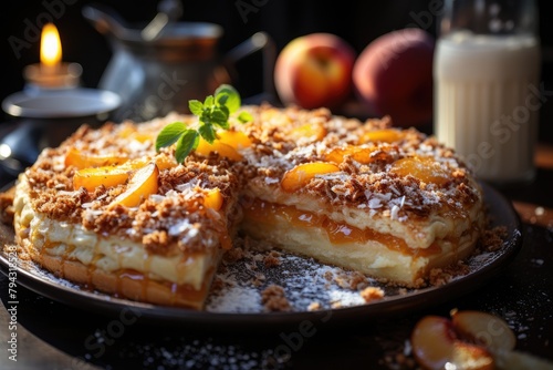Peach pie with crispy crumble., generative IA photo