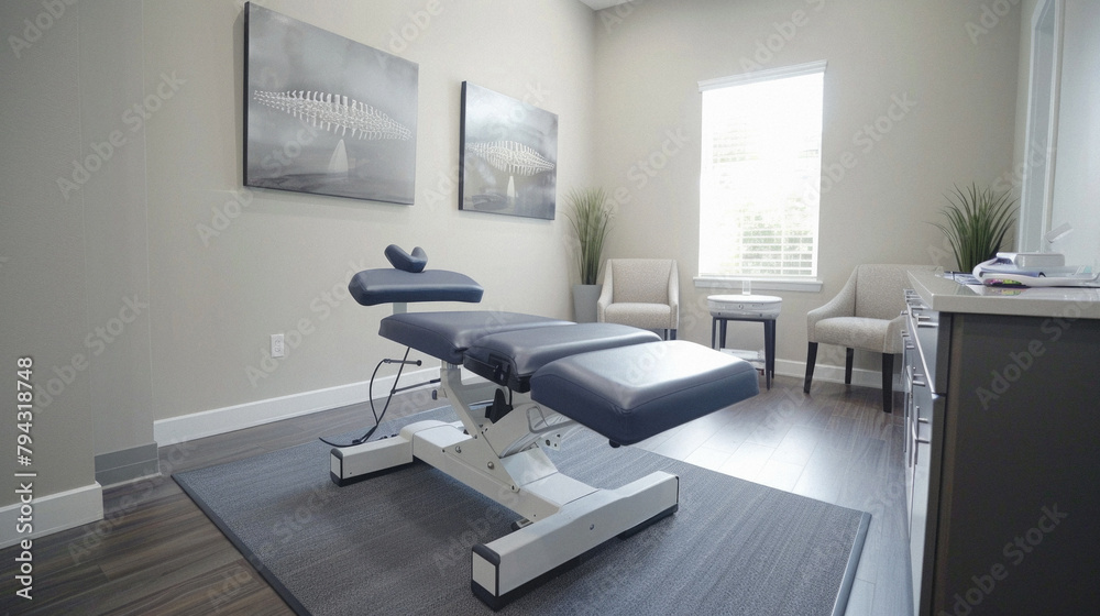A massage room with a massage table and chairs A massage room with a massage table and chairs