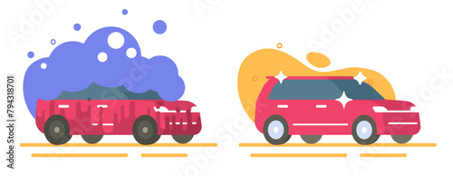 Car wash service vector graphic illustration icon, dirty dirt auto with foam and clean vehicle after washer modern design, new shiny automobile sparkling flat cartoon image clip art isolated cut out