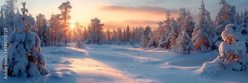 In a winter wonderland, snow-covered trees create a fairytale forest under the golden sunset. photo