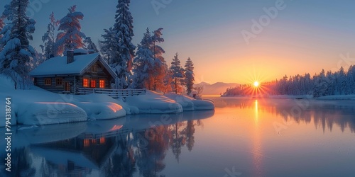 In a winter sunrise, a cozy wooden house stands amidst snowy forest, under the colorful sky.