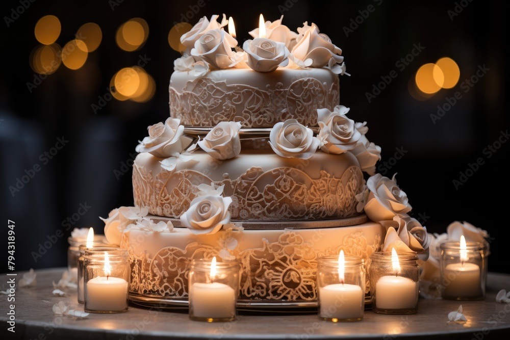 Three -layer wedding cake with lace and white roses., generative IA