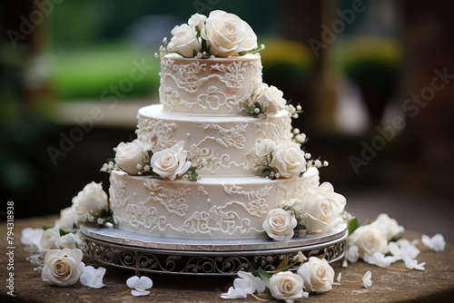 Three -layer wedding cake with lace and white roses., generative IA