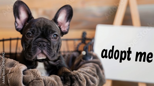 A French bulldog puppy, sitting on a pet pillow, with a handwritten inscription "adopt me". © lastfurianec