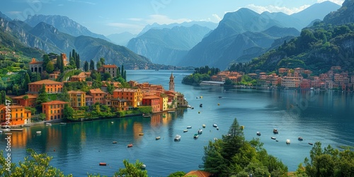 A breathtaking Mediterranean panorama in Lake, featuring picturesque villages and stunning alpine scenery. photo