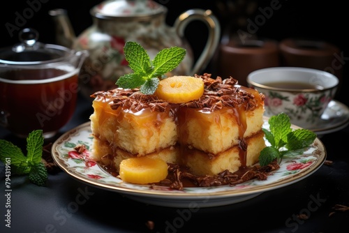 Golden cake with caramel syrup., generative IA