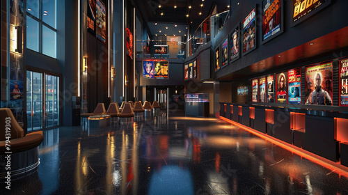 A movie theater lobby with a large screen and a number of movie posters photo