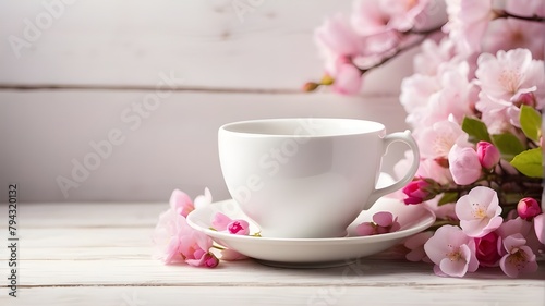 Spring blossoms and a white hot tea cup on a light wooden background
