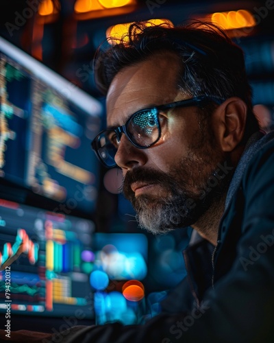 Stock trading investor, trader or broker analyst working analysing exchange market using computer