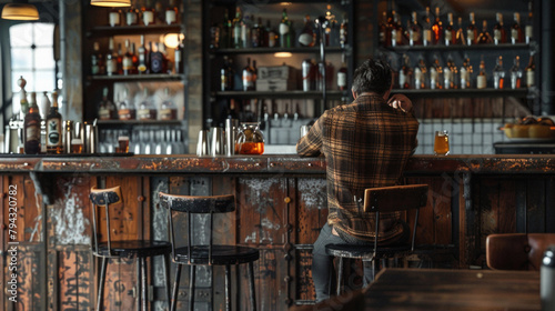 A man sits at a bar with a drink in front of him