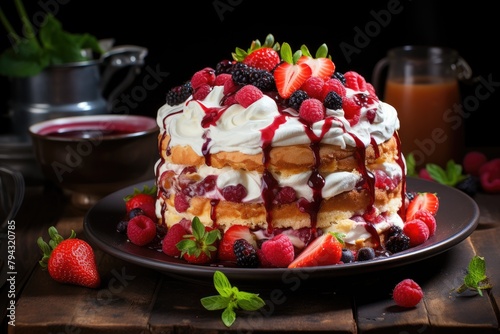 Strawberry cake with whipped cream and fresh fruits.  generative IA