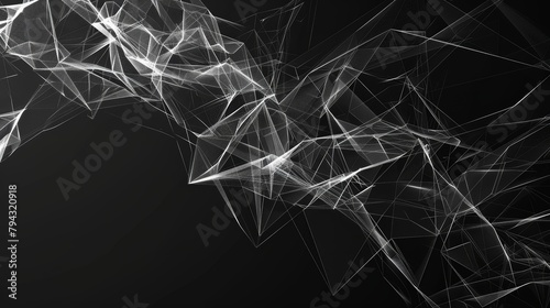 Abstract geometric network on black background. White polygonal mesh with connectivity lines.