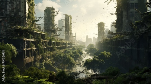 Visualize a dystopian city overrun by nature, where bioengineered flora intertwines with decaying skyscrapers Show sleek, AI-controlled robots amidst overgrown ruins, blending greenery with high-tech photo