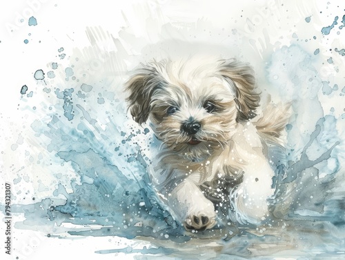 A playful depiction of a small puppy splashing in a puddle, with splashes of light blue and gray watercolor capturing the movement and fun