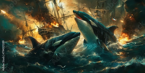 A pod of killer whales, clad in waterproof armor, fires highpressure water cannons from their backs, capsizing the boats of marauding pirates